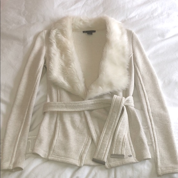 Armani Exchange Sweaters - White Cardigan With Fur Collar